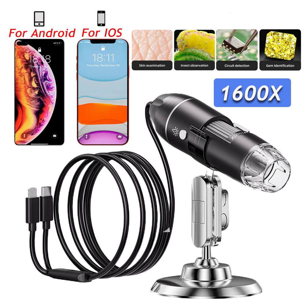 Digital Microscope Portable 8LED 1600X Magnification Endoscope for iPhone Android Phone Inspection C