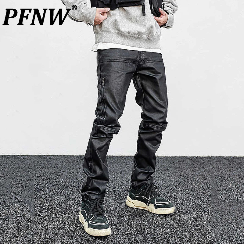 PFNW American Trend Functional Zipper Waxed Denim Jeans Men's High Street Slim Fit Coated Black