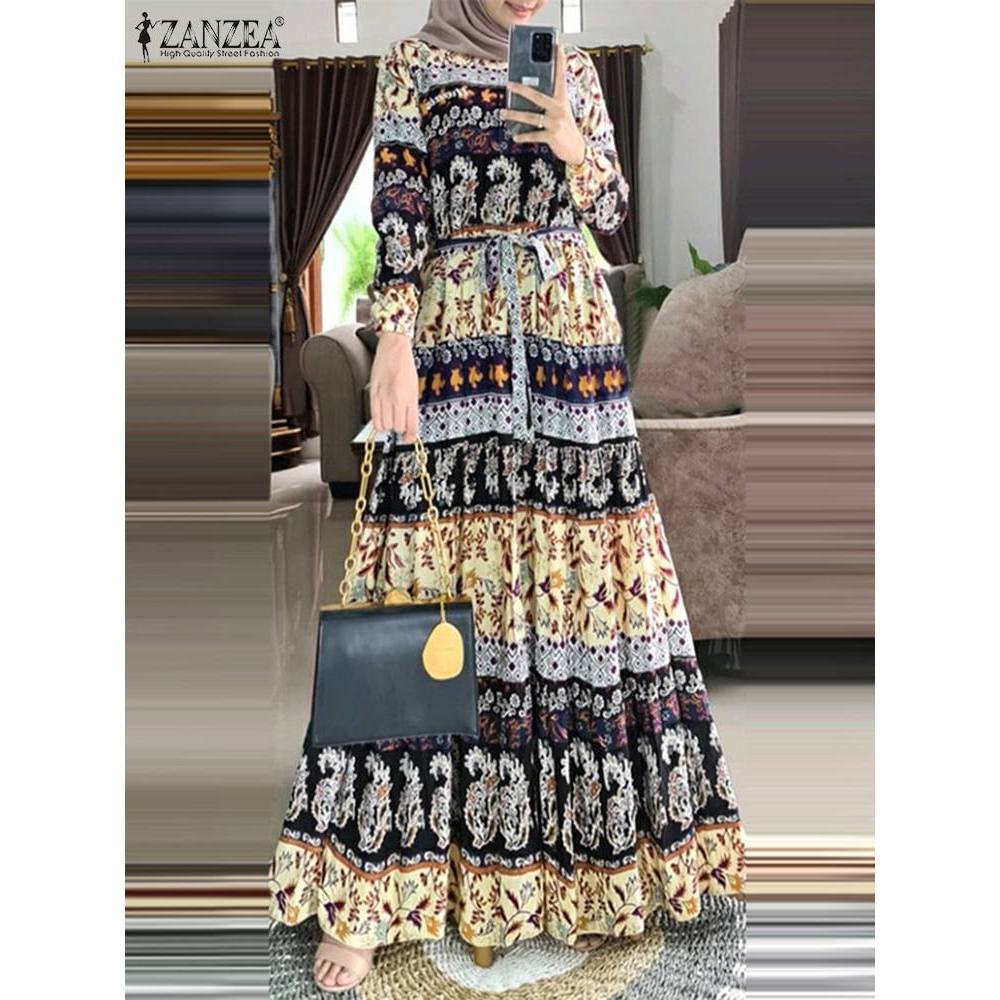 ZANZEA Women Bohemian Vintage Long Sleeve Casual Floral Printed Muslim Dress Islamic Clothing