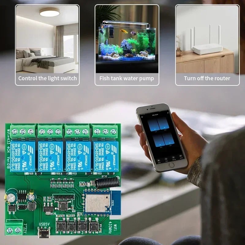 TUYA WIFI RF 4 CHANNEL MODULE 85-265V SMART SWITCH WIFI GARAGE DOOR SWITCH CURTAIN MODULE RELAY