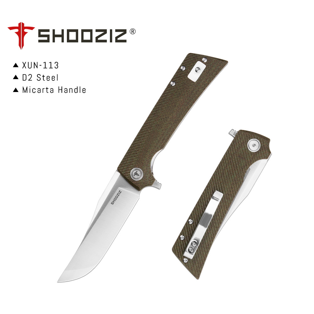 Shooziz XUN113 Folding Pocket Knife with PVD 3.55'' D2 Bowie Blade Flipper EDC Knife for Outdoor