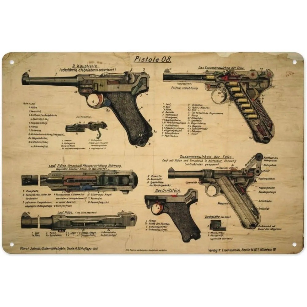 LugerPistol08GunSign WW2 Luger Pistol 08 Metal Tin Sign 12In - History GunCollector Gift,