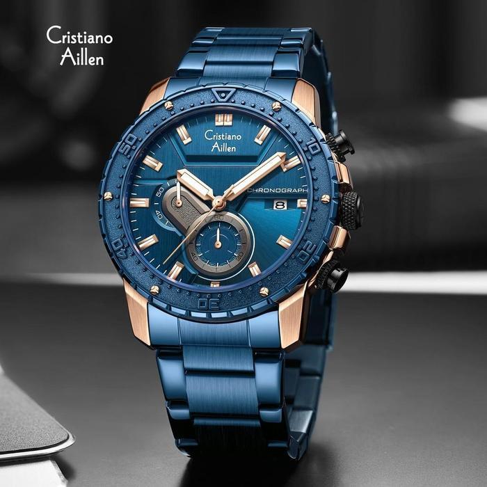 Cristiano Aillen Jam Tangan Pria Analog 8900 Rantai Stainless Steel Chronograph Kaca Sapphire Water