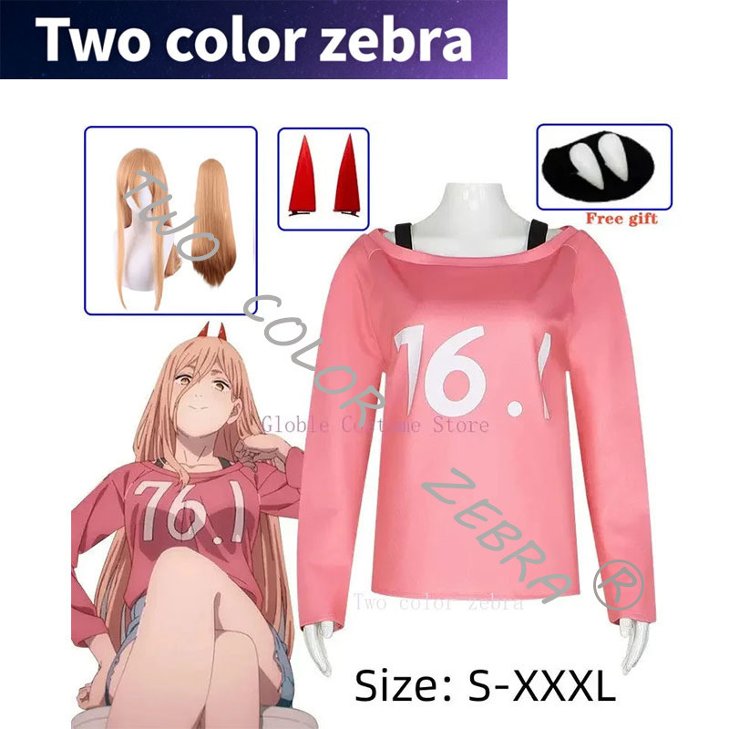 Anime Chainsaw Man Power Wig Cosplay Costume Makima Power Wigs Pro Horns Teeth Power T-Shirt