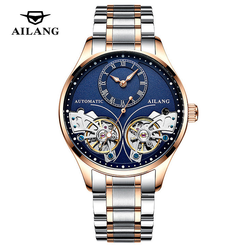 AILANG Brand New Fashion Double Tourbillon Watch for Men Luxury Stainless Steel Waterproof Automatic