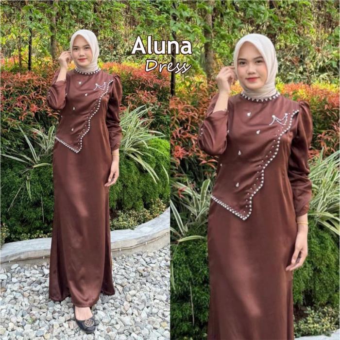 Dress Aluna Satin Silk Viral Termurah Full Payet Mutiara Gamis Pesta Wanita Kekinian OOTD Lebaran