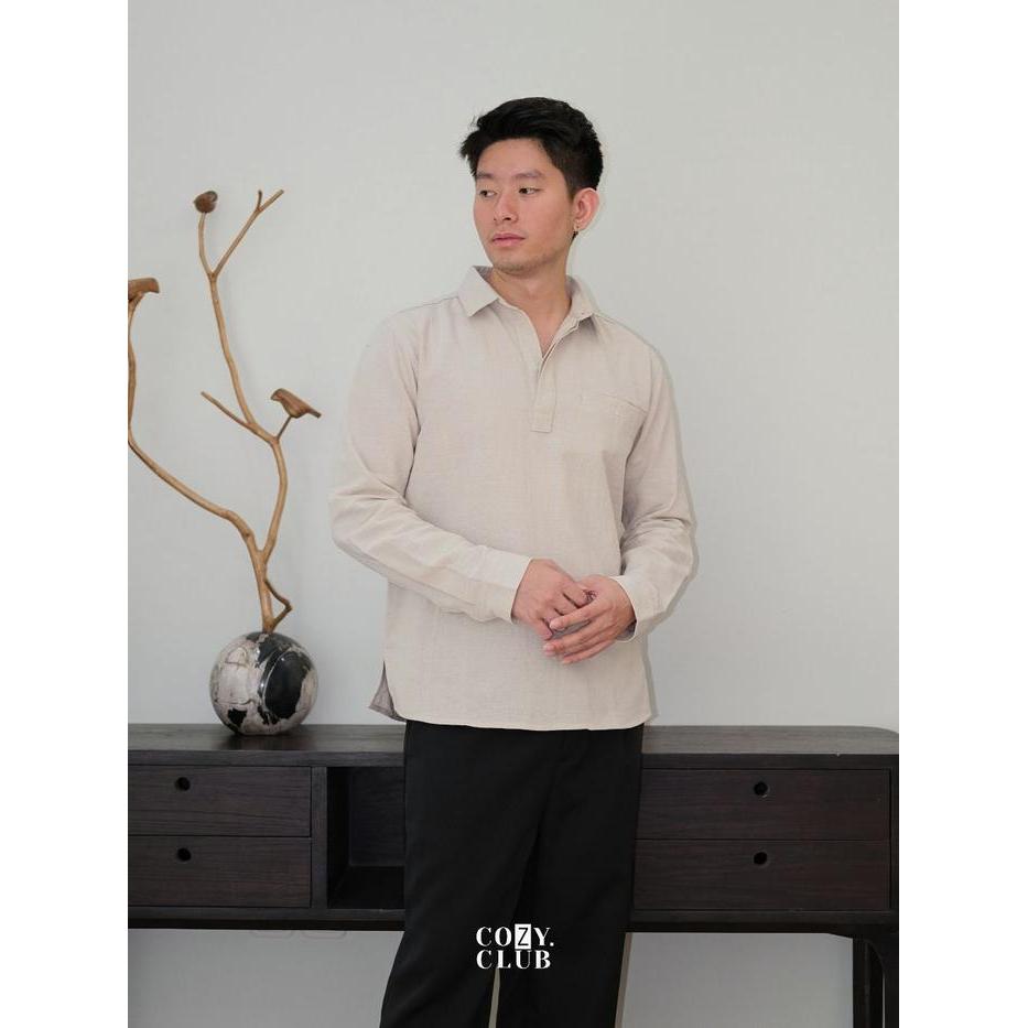 COZYCLUB Linen Longsleeve Polo Kaos Kerah Pria Linen Lengan Panjang 191