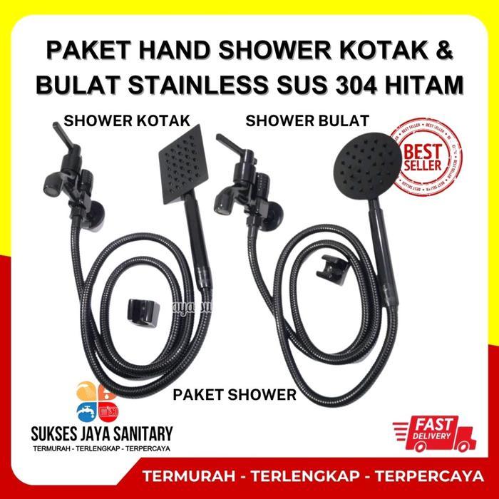 Toto - Paket Hand Shower Kotak & Bulat Stainless Sus 304 Hitam Handshower Mandi Set Semprotan Sower