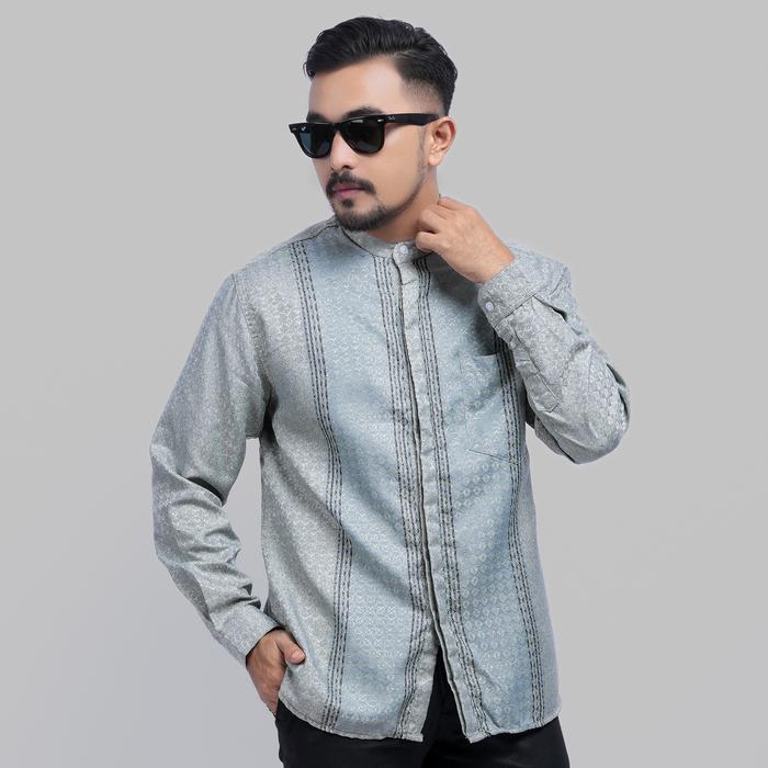 DGM Baju Koko Pria Lengan Panjang Bordir Premium Biru Wardah Motif Diagonal Garis Hitam Zayyan