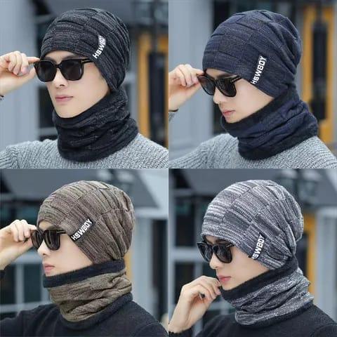 Topi Kupluk Syal 1 set untuk Pria Wanita Berbahan Wol