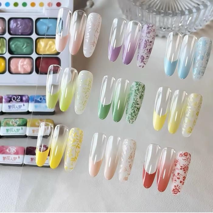 NAIL PAT GEL 9 WARNA BLOOMING FLOWER PALETTE GEL OIL PAINTING OMBRE GRADASI KUTEK NAIL ART POLISH