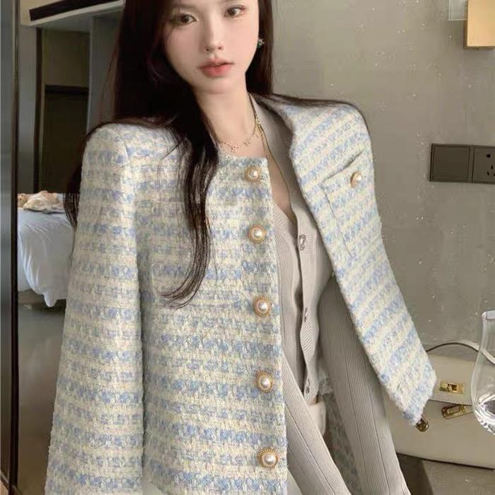 cnm Blazer Tweed Blazer Blue Soft Blazer Wanita Lengan Panjang Blazer Casual Blazer Korea Style