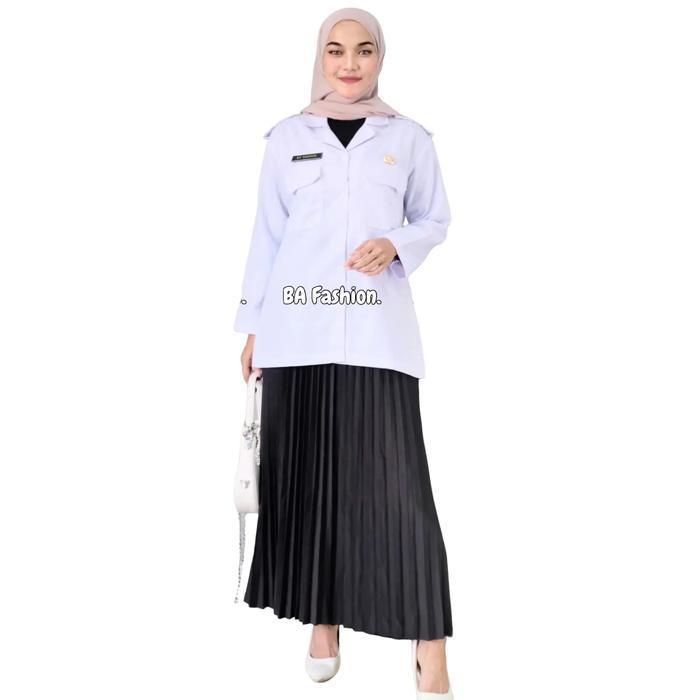 DISKON BLOUSE PDH PUTIH WANITA LENGAN PANJANG / SERAGAM GURU BLUS PPPK / BAJU WANITA ASN PUTIH /