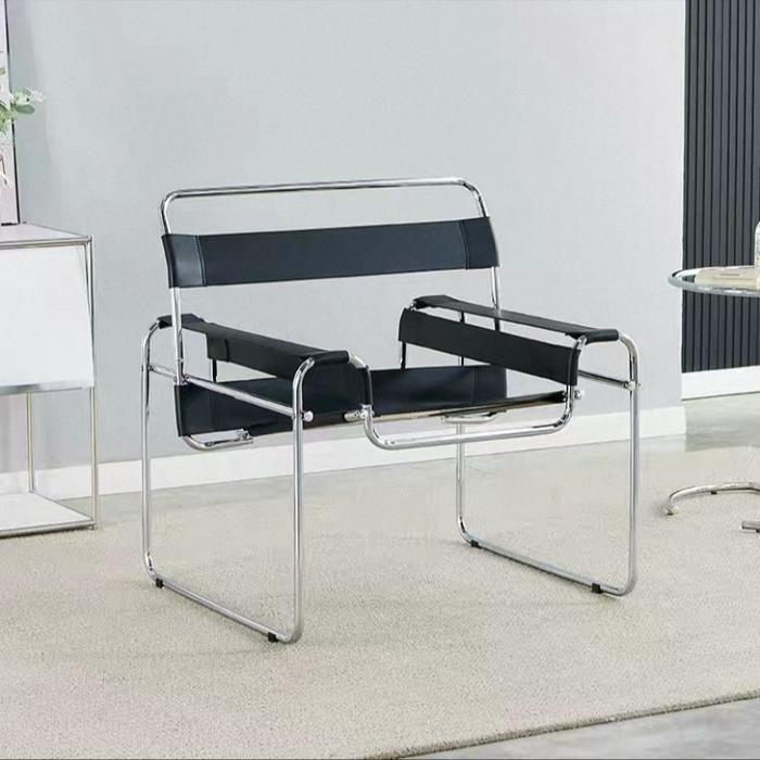 Wassily Chair Kursi Kulit Vintage Leisure Stainless Steel Folded Leather Estetik Minimalis - Black, 