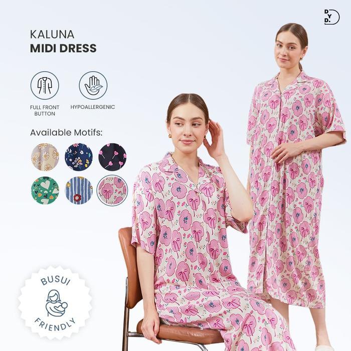 Dyd Kaluna Dress Midi Full Kancing Depan Bahan Rayon Premium Nyaman Bumil & Busui Friendly All Size