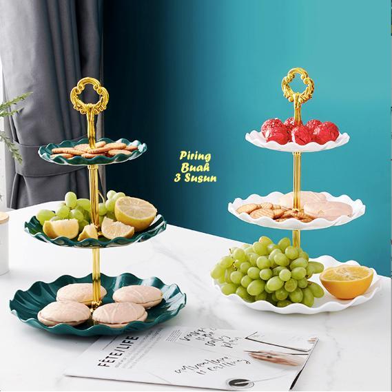 Piring Buah 3 Susun Tangkai Gold fruits tray piring kue buah permen