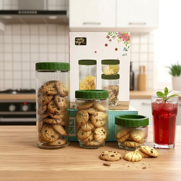 Toples Kaca 8104 3in1 Hijau Set 3 in 1 Toples Kaca Striped Minimalis Wadah Kue Kering
