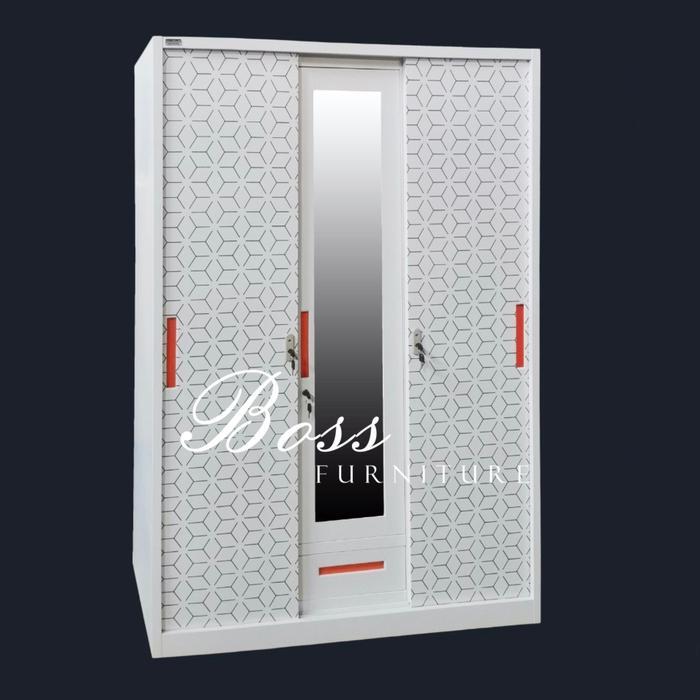Lemari Pakaian Besi Impor Stainless Sliding 3 Pintu Cermin