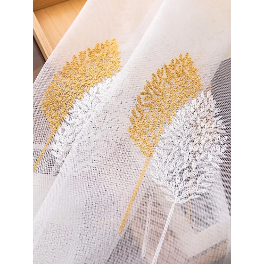 Yellow And White Double Leaves Pastoral Style Embroidery Gauze Brown Leaf Embroidery Gauze Curtain