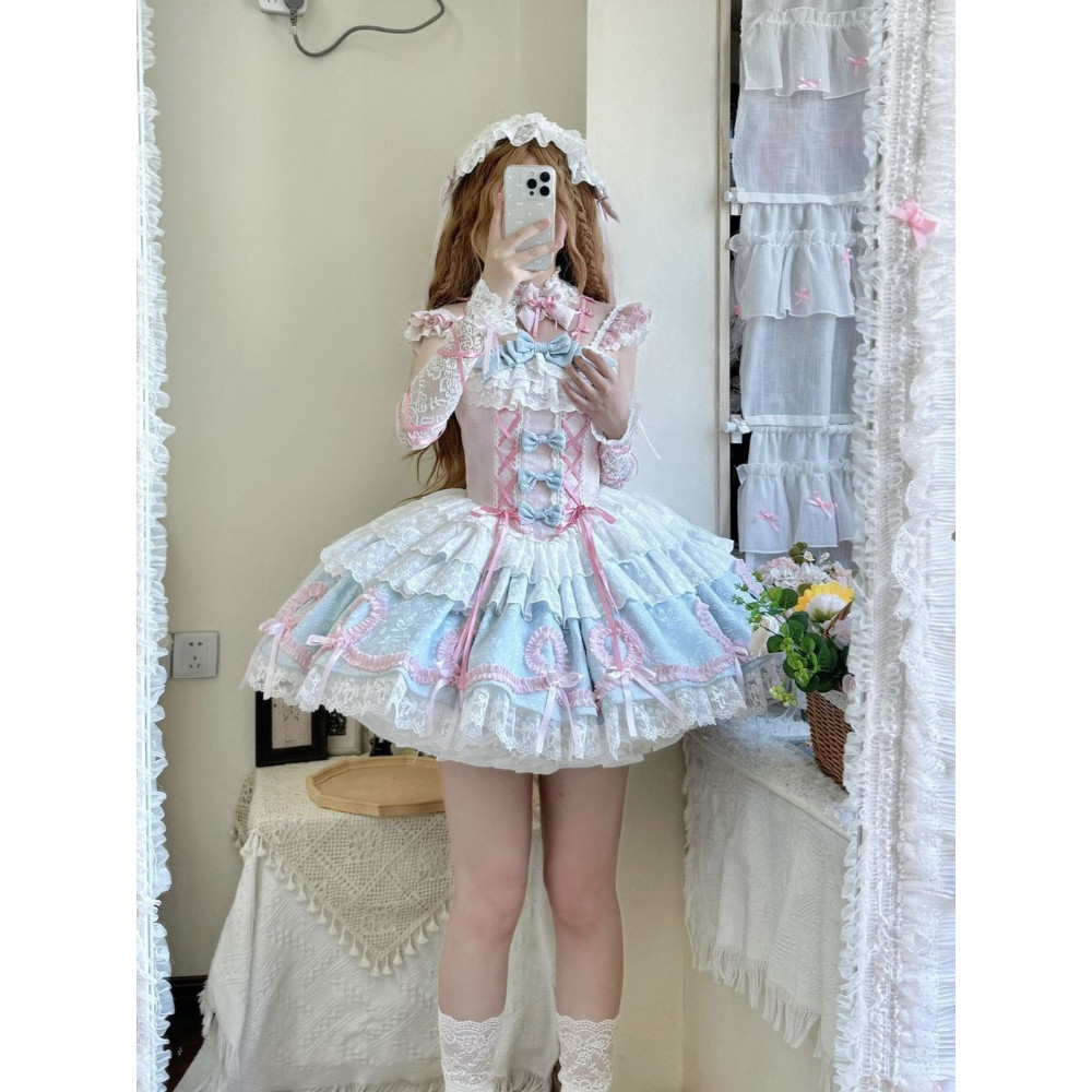 Sweet Lolita Kawaii Bow Patchwork Dress Women Design Pretty Lovely Lace Sling Princess Dresses