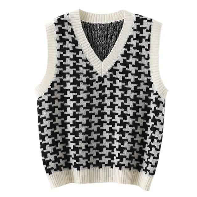 Rompi rajut wanita / Houndstooth, rompi rajut kerah V, tanpa lengan, tebal, Sweater kasual, rompi