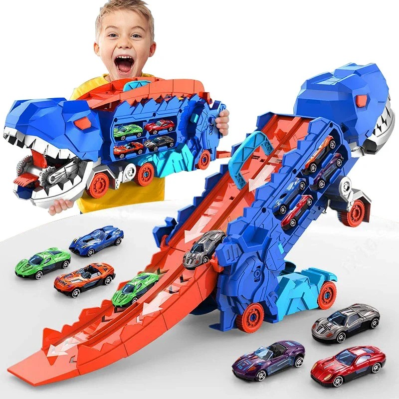 Terbaik Boys New Dinosaur Morphed Track Ejection Toys 4 Alloy Cars Model Tyrannosaurus Truck Game Ej
