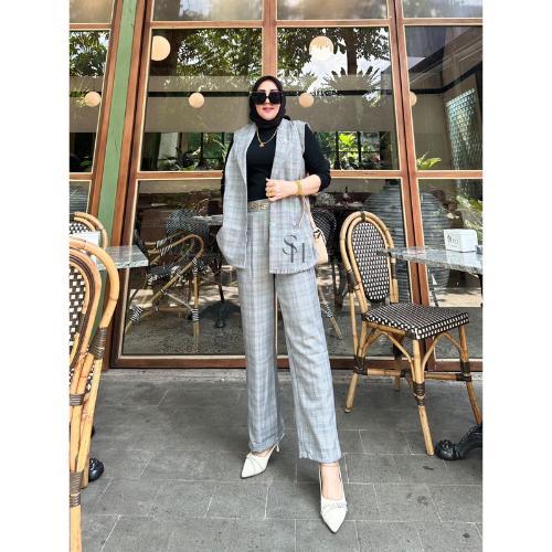 Aisyah-Laura Vest Set Baju Setelan Wanita Formal Celana Panjang Rompi Blazer Houndstooth Tebal