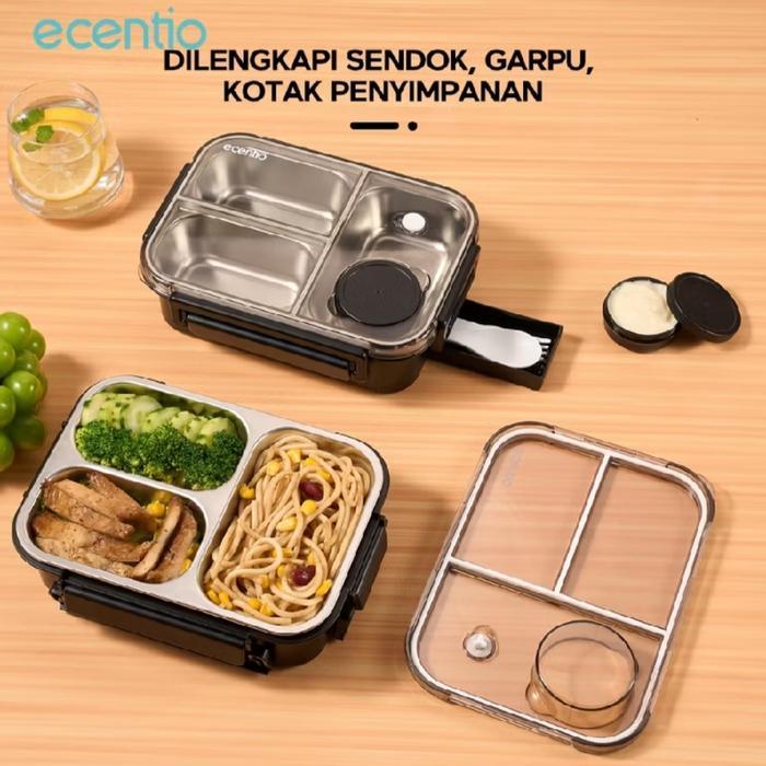 Ecentio Kotak Makan / Lunch Box Stainless 3 Sekat Tahan Panas Dan Anti Tumpah (800 ml).