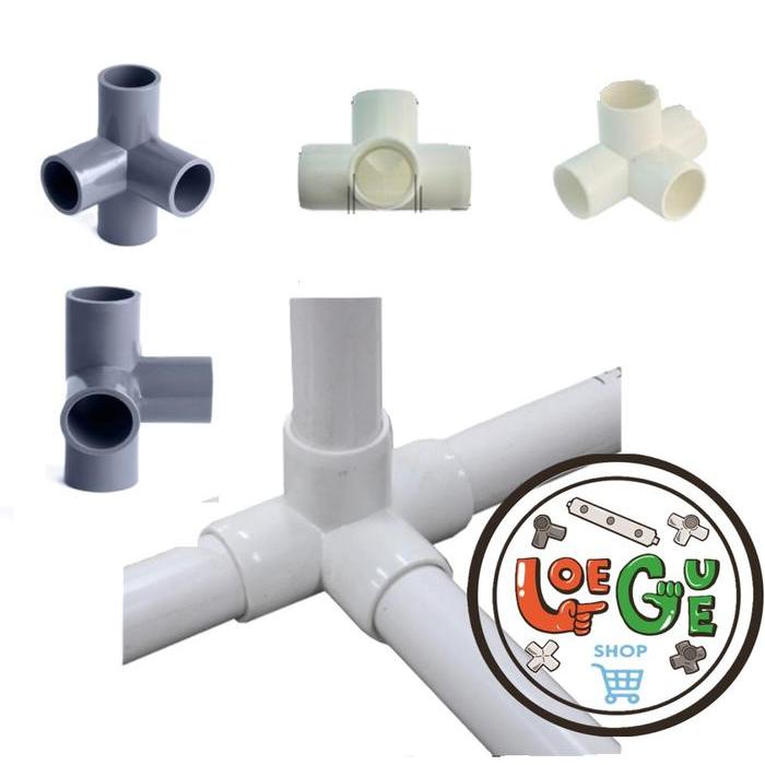 "New" LOEGUE SHOP Sambungan Konektor Fitting Tee Elbow Pipa PVC 4 Way Arah 1/2, 3/4, 1 Inch Praktis