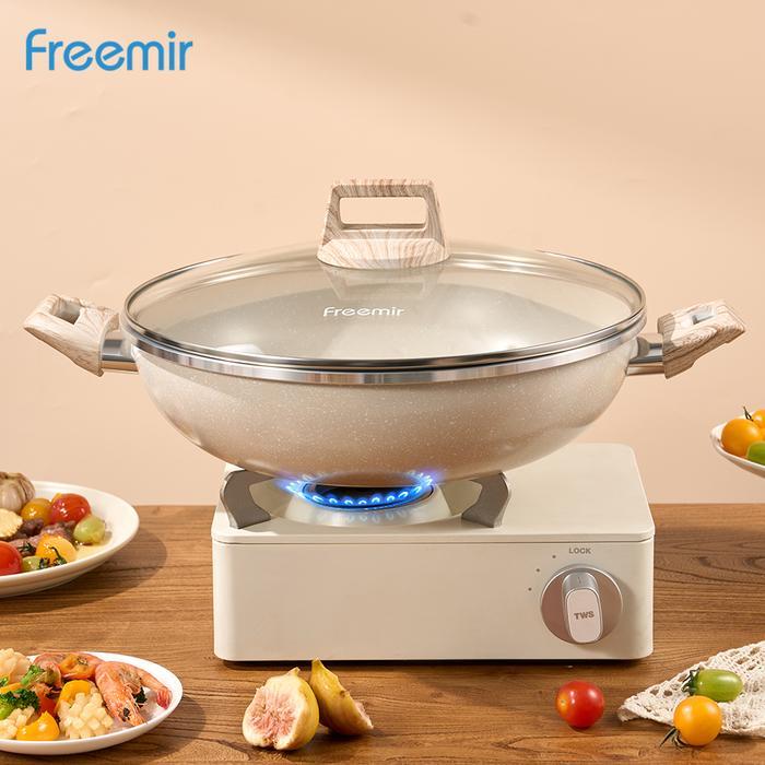 [Crehom Exclusive] freemir Wajan Wokpan Jumbo 30 cm Batu Granit Beige Set Wajan+Tutup+Spatula Wajan