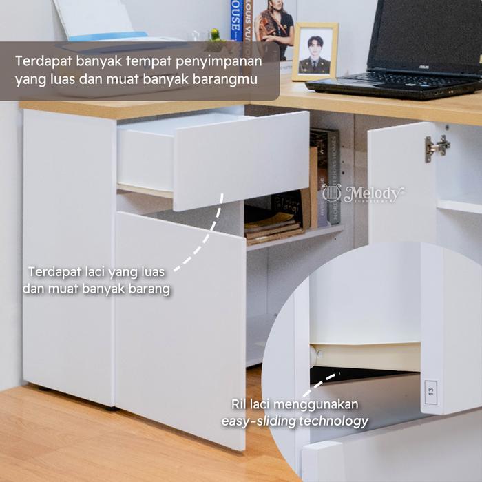 Melody Furniture - Meja Kerja Sudut Meja Belajar Tipe L Minimalis Modern Libre 127 E White Pasti