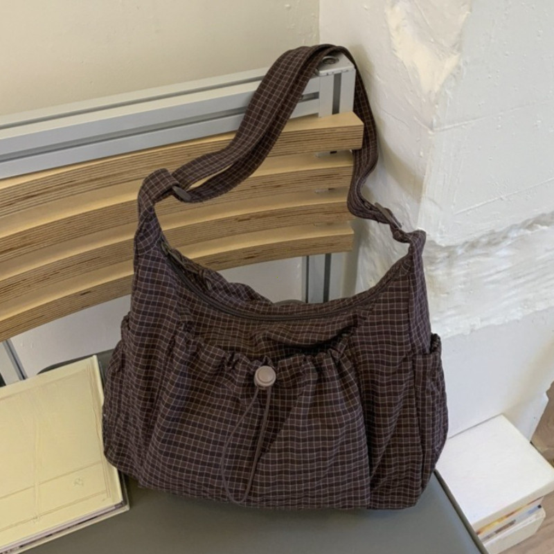 Women Checkered Sling Bag Nylon Drawstring Crossbody Bag Large Capacity Trendy Satchel Bag Shopping