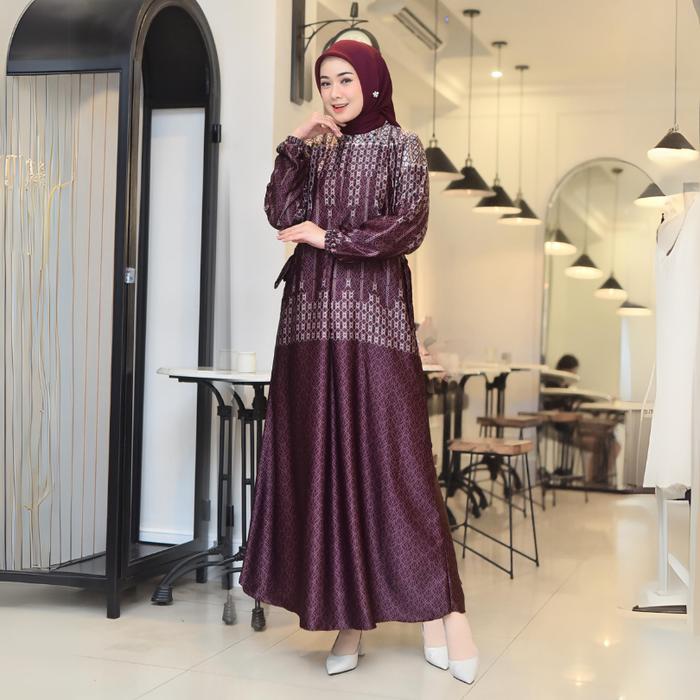Dress Bela Gamis Mewah Motif Printing Bunsui Freandly Silk Premium Dress Pesta Jumbo Lengan Wudhu