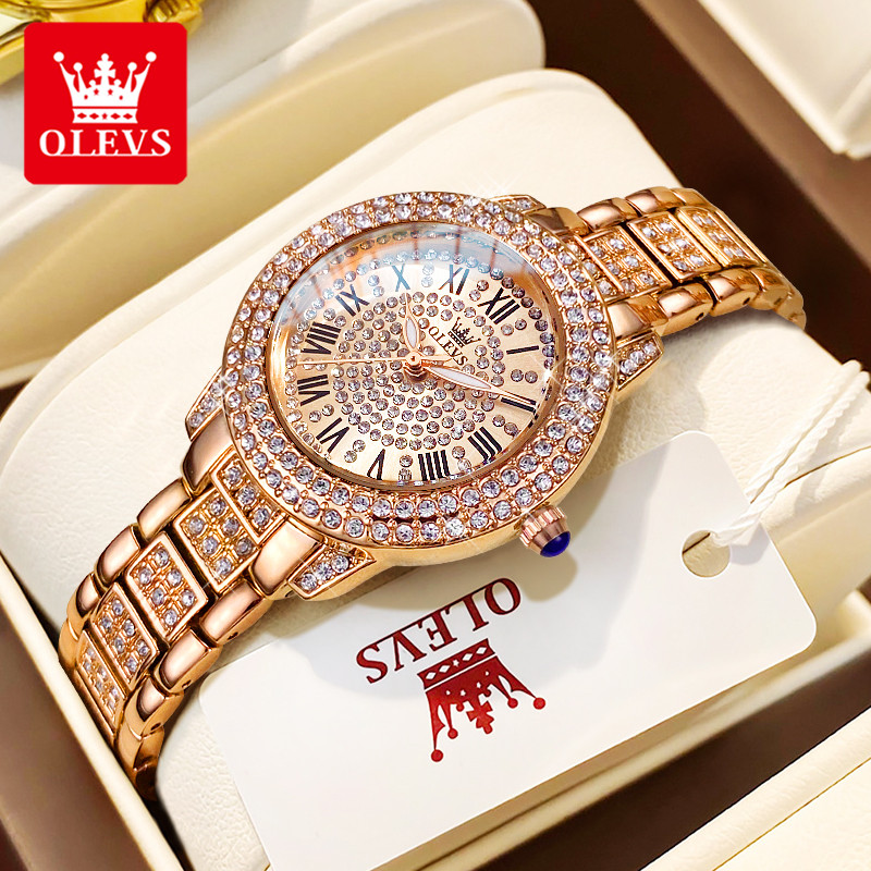 OLEVS 9943 Luxury All Diamond Original Quartz Watch for Women Elegant Rose Gold Stainless Steel