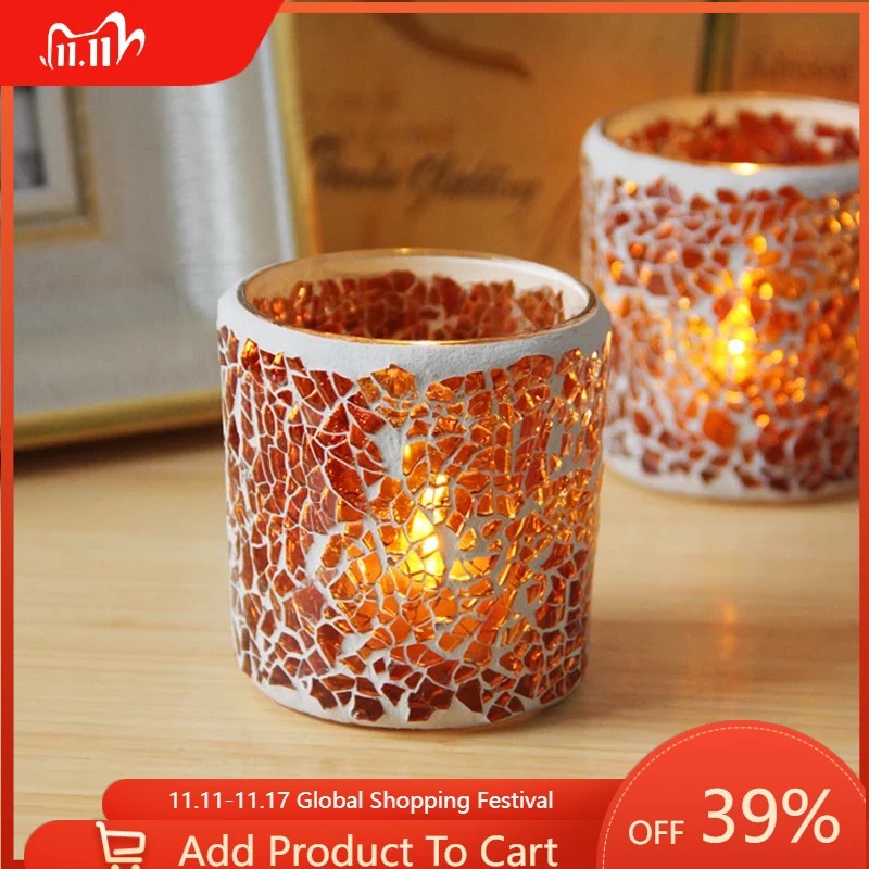 Tempat Lilin Lampu Teh Kaca Mosaik Maroko Stoples Lilin Gaya Bohemian untuk Dekorasi Rumah Pusat Per