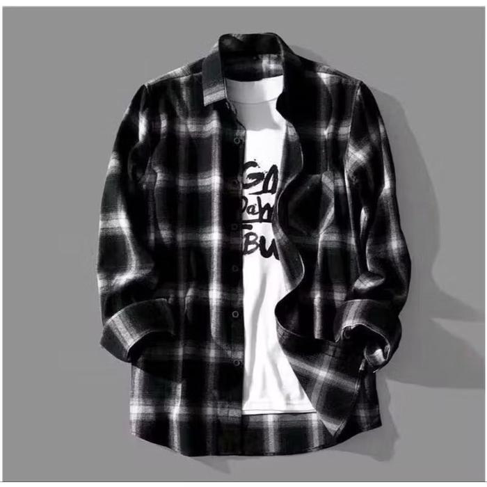 Kemeja flanel black veterano korean hitam lengan panjang pria premium original