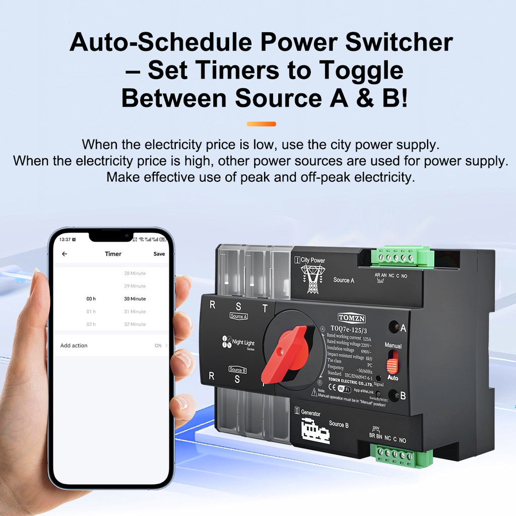 TOMZN Din Rail eWelink WIFI Smart ATS Timer 230V AC Dual Power Automatic Transfer Selector Switch
