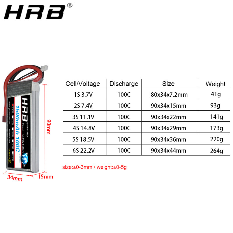 HRB 1PCS 1500mah Lipo 2S 3S 4S 6S 5S Battery 7.4V 11.1V 14.8V 22.2V 18.5V Lipo 65C 100C XT60 T for
