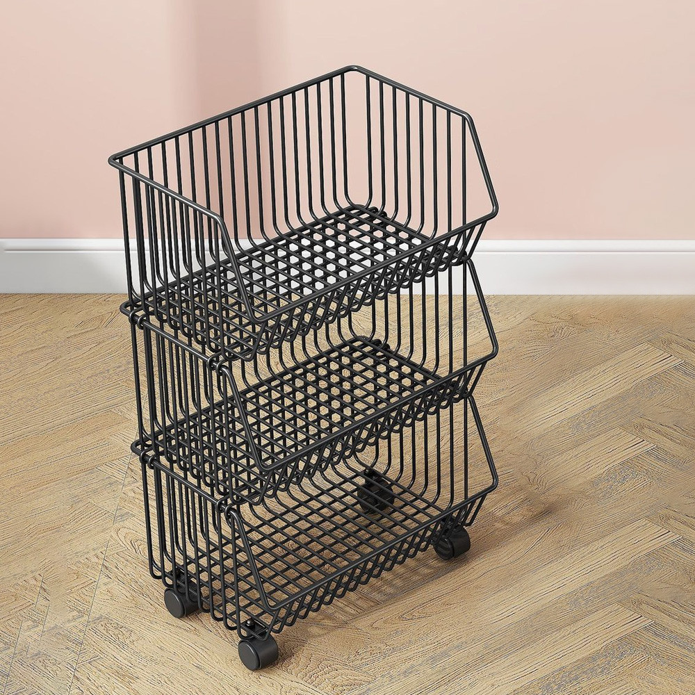 2/3 Tier Metal Wire Fruit Basket for Kitchen Stackable Storage Cart Snacks Organizer with Rolling