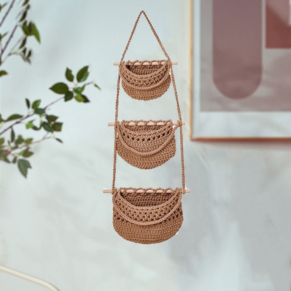 Durable Cotton Rope Hanging Fruit Baskets Simple Stylish 3 Tier Storage Bag Handmade Fruit Net