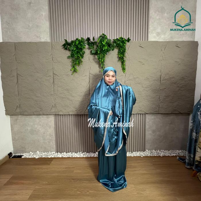 MUKENA.AMINAH MUKENA DEWASA TRAVELING SALMA 2IN1 SUTRA SILK POLOS JUMBO RENDA MEWAH
