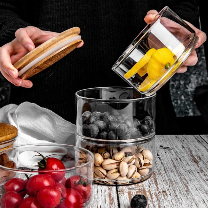 Toples Kaca Transparan Tutup Bambo Stackable Glass Storage Jar Bowl
