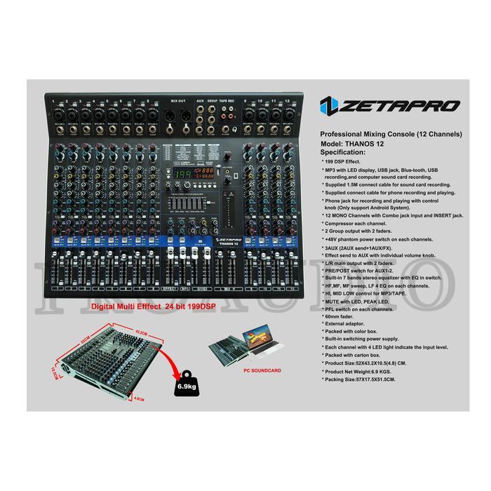 MIXER ZETAPRO THANOS 12 ORIGINAL / Mixer 12 Channel Thanos12 Effect Reveb 199 Dsp Edit A, Edit B Ori