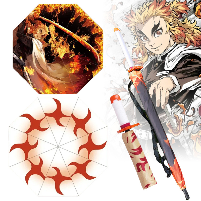 STOK TERBATAS  Rengoku Kyoujurou Katana Umbrella Long Handle UV Block Black Parasol Demon Slayer Ani