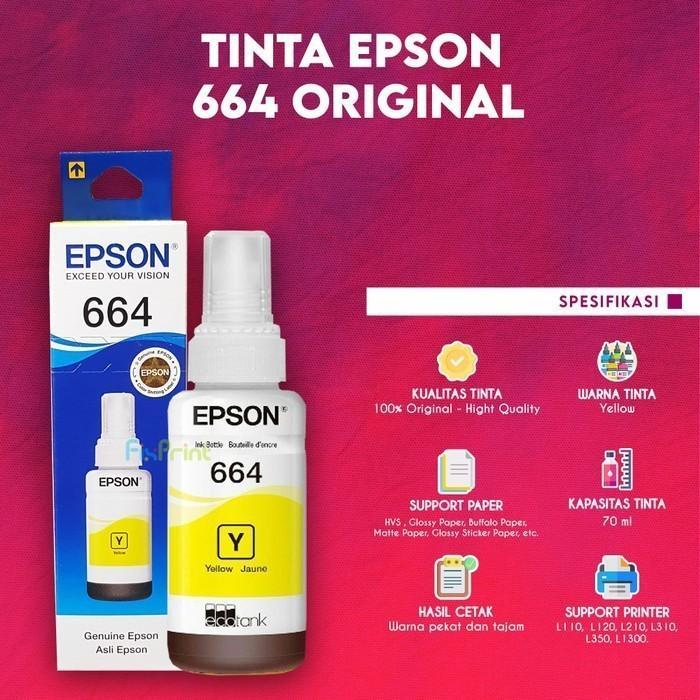 Tinta Refill Epson Original Ori 664 t6641 Black Cyan Magenta Yellow 70ml, Printer L110 L120 L210