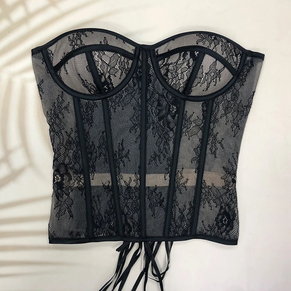 Steel Bone Korset Woman Hollow Out Strapless Lace Bustier Top Push Up Bra Mesh Women Lingerie Black