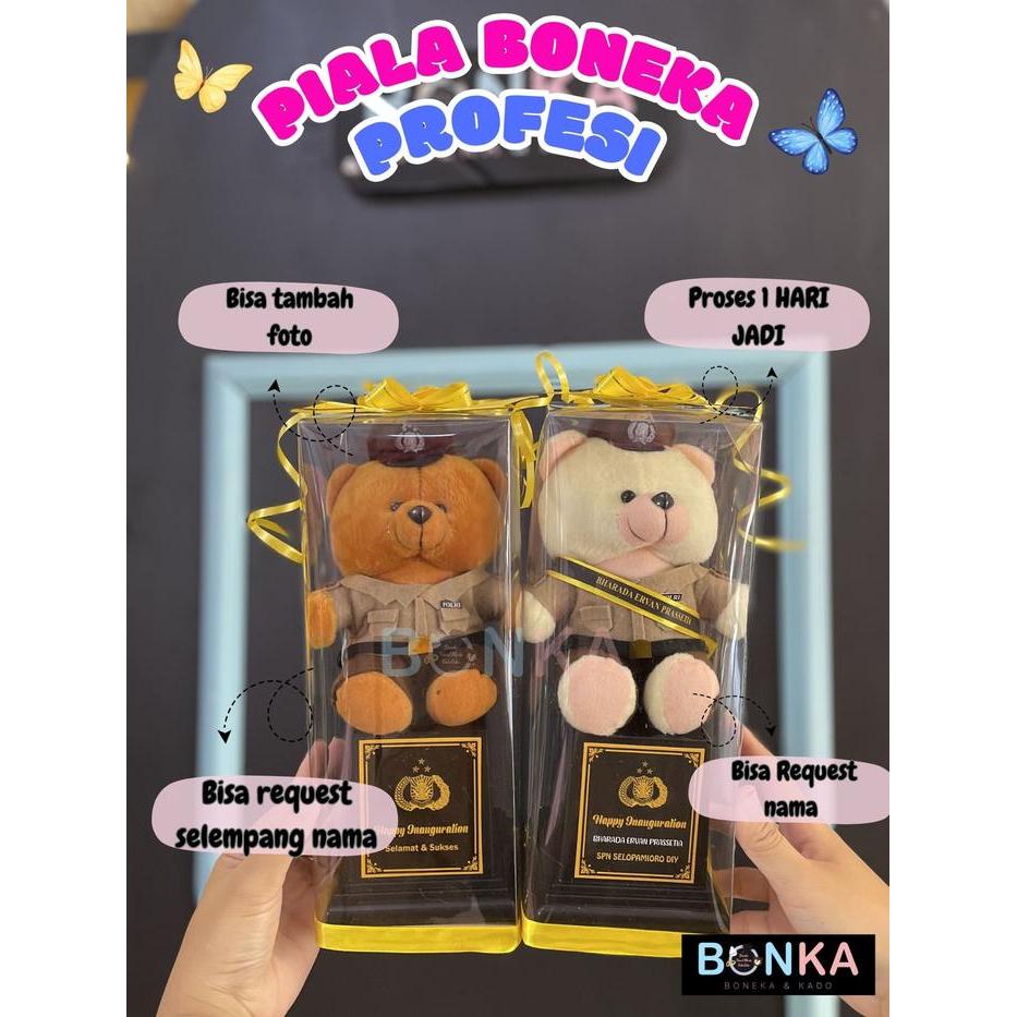 Boneka Bear Piala Profesi Polisi Polwan Box Mika 26cm Hadiah Kelulusan Pelantikan Polisi TNI Brimob