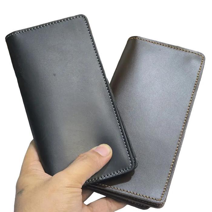 Dompet Kulit Asli Sapi Panjang Tipis Muat Hp Tipe Bifold Tanpa Lidah
