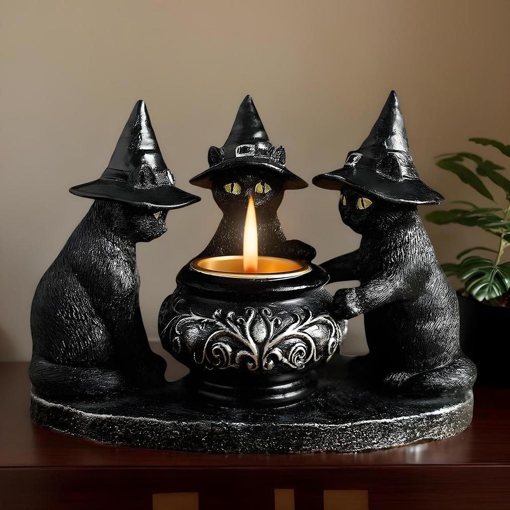 Halloween Black Cat Candlestick Resin Witch Cat Statue Tealight Candle Holder Gothic Figurine Table