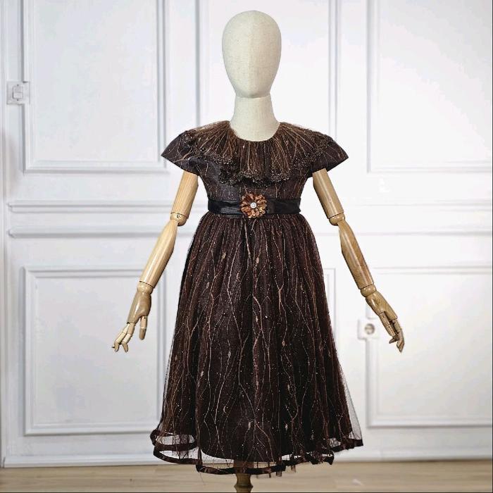 Gaun Pesta Anak Perempuan Mewah Dress Cantik Leher Melati Mutiara Usia 1-12 Tahun Bahan Tille Satin